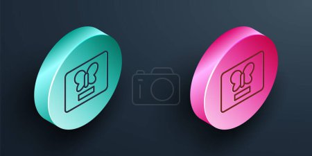 Ilustración de Isometric line Butterfly in a frame icon isolated on black background. Herbarium. Turquoise and pink circle button. Vector - Imagen libre de derechos