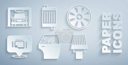 Illustration for Set Car door, Alloy wheel for car, Check engine, air filter, radiator cooling system and wash icon. Vector - Royalty Free Image
