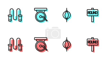 Téléchargez les illustrations : Set line Punching bag Jump rope Boxing gong and ring board icon. Vector. - en licence libre de droit