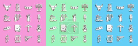 Téléchargez les illustrations : Set line Gallows rope loop hanging, Cactus peyote pot, Indian feather, Kayak or canoe and paddle, Leather whip, Smoking pipe, Buffalo skull and Quiver with arrows icon. Vector - en licence libre de droit