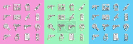 Téléchargez les illustrations : Set line Weapons oil bottle, Location with weapon, Pepper spray, Hand smoke grenade, Hunting shop, Mauser gun, Submachine M3 and Tommy icon. Vector - en licence libre de droit