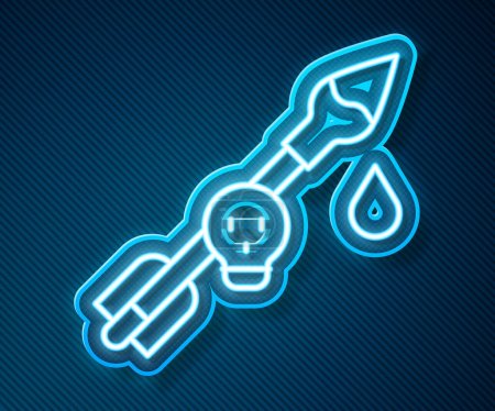Illustration for Glowing neon line Poison on the arrow icon isolated on blue background. Poisoned arrow.  Vector - Royalty Free Image