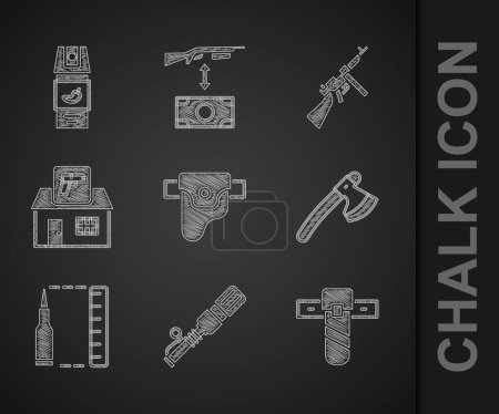 Téléchargez les illustrations : Set Gun in holster, Anti-tank hand grenade, Knife, Wooden axe, Bullet, Hunting shop weapon, Tommy gun and Pepper spray icon. Vector - en licence libre de droit