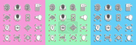 Illustration for Set line Face recognition, Eye scan, Rejection fingerprint, Monitor with, Voice, Fingerprint and Mobile and face icon. Vector - Royalty Free Image