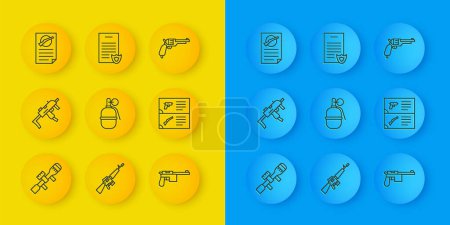 Illustration for Set line Sniper optical sight, MP9I submachine gun, Hand grenade, Mauser, Weapon catalog, Firearms license certificate, Revolver and  icon. Vector - Royalty Free Image