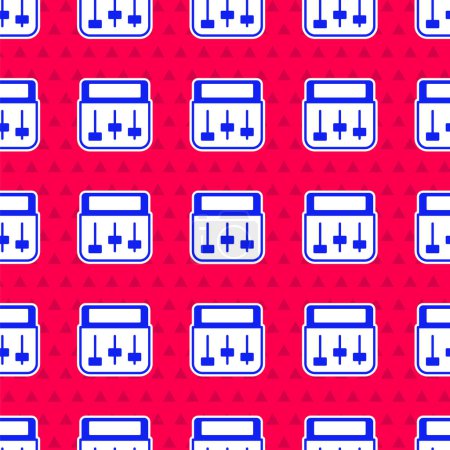 Illustration for Blue Drum machine music producer equipment icon isolated seamless pattern on red background.  Vector - Royalty Free Image