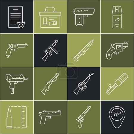 Téléchargez les illustrations : Set line Location with weapon, Anti-tank hand grenade, Small gun revolver, Pistol or, Tommy, Revolver, Firearms license certificate and Military knife icon. Vector - en licence libre de droit