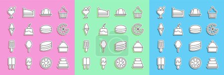 Téléchargez les illustrations : Set line Gâteau, tarte maison, gâteau à la gelée, crème pâtissière Pudding, cône de gaufre à la crème glacée, bol et icône de biscuit Macaron. Vecteur - en licence libre de droit