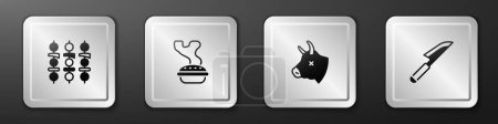 Téléchargez les illustrations : Set kebab au shish grillé, tarte maison, tête de vache et icône de couteau. Bouton carré argenté. Vecteur. - en licence libre de droit