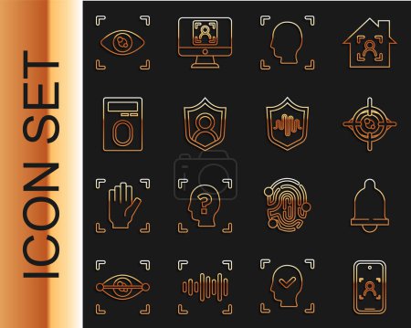 Illustration for Set line Mobile and face recognition, Motion sensor, Eye scan, Face, User protection, Fingerprint with lock,  and Shield voice icon. Vector - Royalty Free Image