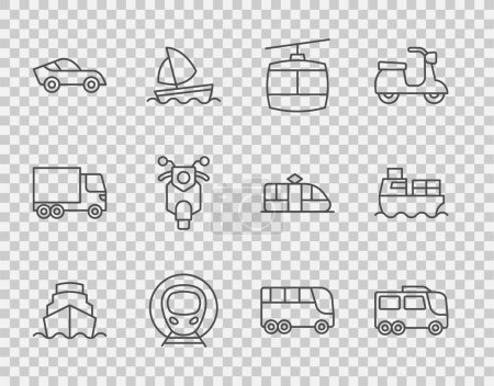 Illustration for Set line Cruise ship, Bus, Cable car, Train and railway, Car, Scooter,  and Cargo with boxes delivery icon. Vector - Royalty Free Image