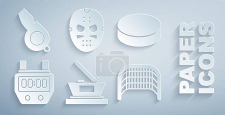 Illustration for Set Ice hockey cup champion, Hockey puck, Stopwatch, goal, mask and Whistle icon. Vector - Royalty Free Image
