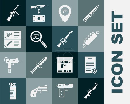 Téléchargez les illustrations : Set Hunting gun, Firearms license certificate, Trap hunting, Location with weapon, Pistol or search, Weapon catalog, Tommy and M16A1 rifle icon. Vector - en licence libre de droit