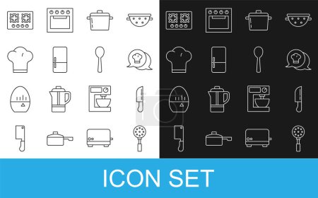 Illustration for Set line Spatula, Knife, Chef hat in speech bubble, Cooking pot, Refrigerator, Gas stove and Spoon icon. Vector - Royalty Free Image