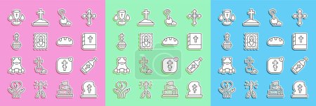 Illustration for Set line Grave with tombstone, Holy water bottle, bible book, Magic staff, Christian icon, cross, chalice and Bread loaf icon. Vector - Royalty Free Image