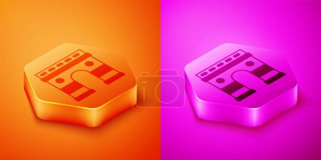 Illustration for Isometric Triumphal Arch icon isolated on orange and pink background. Landmark of Paris, France. Hexagon button. Vector - Royalty Free Image