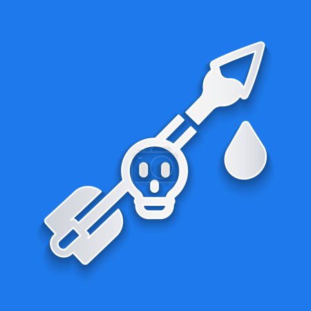 Illustration for Paper cut Poison on the arrow icon isolated on blue background. Poisoned arrow. Paper art style. Vector - Royalty Free Image