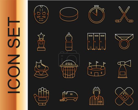 Illustration for Set line Crossed bandage plaster, Air horn, Medal, Stopwatch, Fitness shaker, Award cup, Hockey mask and Locker changing room icon. Vector - Royalty Free Image