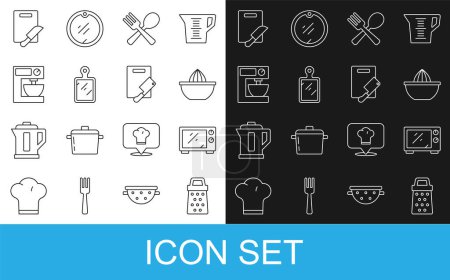 Illustration for Set line Grater, Microwave oven, Citrus fruit juicer, Crossed fork and spoon, Cutting board, Electric mixer, knife and meat chopper icon. Vector - Royalty Free Image