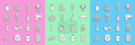 Téléchargez les illustrations : Set line Hairbrush, Makeup powder with mirror, dryer, Cream lotion cosmetic tube,  and  icon. Vector - en licence libre de droit