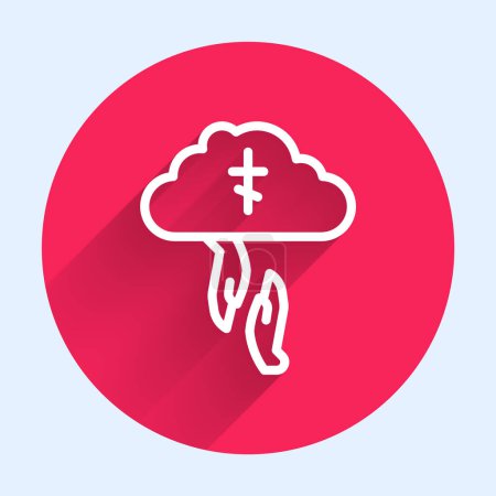 Illustration for White line God's helping hand icon isolated with long shadow. Religion, bible, christianity concept. Divine help. Red circle button. Vector. - Royalty Free Image