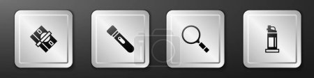 Illustration for Set Stacks paper money cash, Flashlight, Magnifying glass with search and Pepper spray icon. Silver square button. Vector - Royalty Free Image