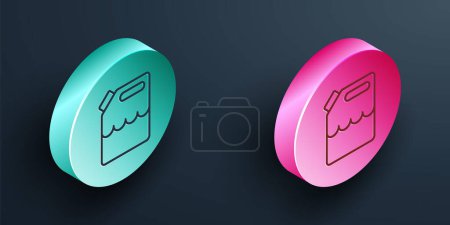Illustration for Isometric line Canister for gasoline icon isolated on black background. Diesel gas icon. Turquoise and pink circle button. Vector - Royalty Free Image