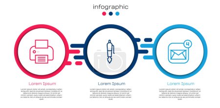Ilustración de Set line Printer, Fountain pen nib and Envelope. Business infographic template. Vector - Imagen libre de derechos