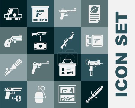 Illustration for Set Military knife, UZI submachine gun, Hunting shop weapon, Desert eagle, Buying assault rifle, Small revolver, Collimator sight and  icon. Vector - Royalty Free Image
