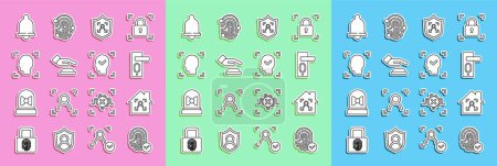 Illustration for Set line Fingerprint, Smart home with face id, door lock, Shield recognition, Palm, Face, Motion sensor and  icon. Vector - Royalty Free Image