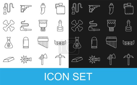 Téléchargez les illustrations : Set line Pickaxe, Kayak or canoe and paddle, Tabasco sauce, Tooth, Smoking pipe, Crossed human bones, Leather whip and Drum icon. Vector - en licence libre de droit