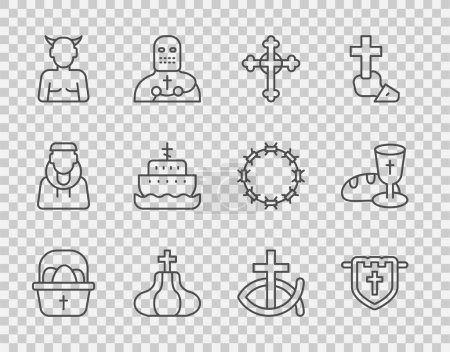 Set line Basket with easter eggs, Flag christian cross, Christian, Church tower, Krampus, heck, Ark of noah, fish and Goblet and bread icon. Vector