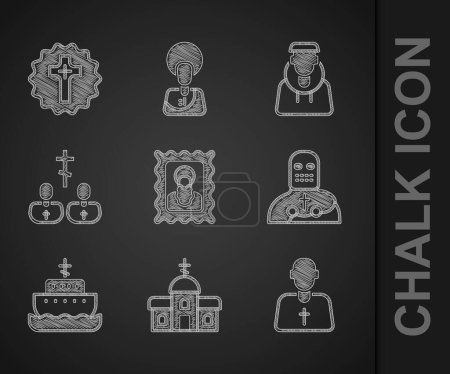 Téléchargez les illustrations : Set Christian icon, Church building, Priest, Knight crusader, Ark of noah, Monk and cross icon. Vector - en licence libre de droit