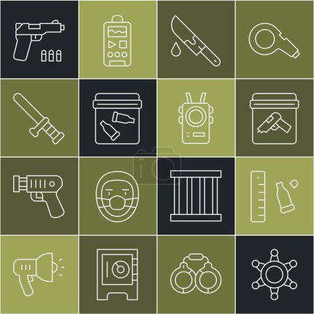 Illustration for Set line Hexagram sheriff, Bullet casing with ruler, Evidence bag gun, Bloody knife, bullet, Police rubber baton, Pistol or and body camera icon. Vector - Royalty Free Image