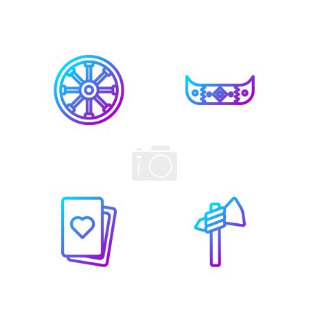 Téléchargez les illustrations : Set line Tomahawk axe, Deck of playing cards, Old wooden wheel and Kayak or canoe and paddle. Gradient color icons. Vector. - en licence libre de droit