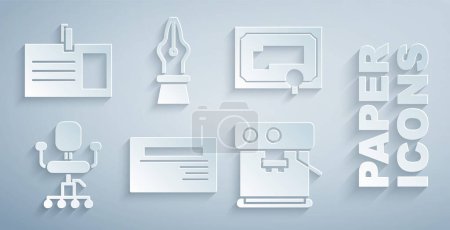 Illustration for Set Business card, Certificate template, Office chair, Coffee machine, Fountain pen nib and Identification badge icon. Vector - Royalty Free Image