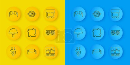 Illustration for Set line Electric plug, Light emitting diode, circuit scheme, Electrical measuring instruments, outlet, Resistor electricity, Fuse and  icon. Vector - Royalty Free Image