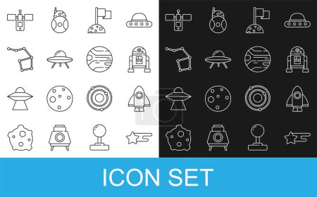 Set line Falling star, Rocket ship, Robot, Moon with flag, UFO flying spaceship, Great Bear constellation, Satellite and Planet icon. Vector