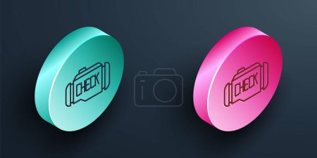 Illustration for Isometric line Check engine icon isolated on black background. Turquoise and pink circle button. Vector - Royalty Free Image