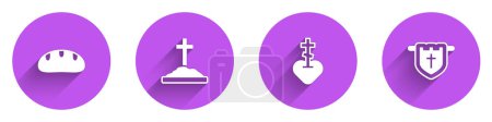 Illustration for Set Bread loaf, Grave with cross, Religious in heart and Flag christian icon with long shadow. Vector - Royalty Free Image