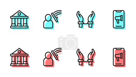 Illustration for Set line Handcuffs on hands of criminal, Courthouse building, Police beat human and Protest icon. Vector - Royalty Free Image