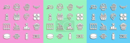 Illustration for Set line Hockey sports ticket, helmet, Crossed bandage plaster, glove, Stopwatch, Award cup, Ice resurfacer and  icon. Vector - Royalty Free Image