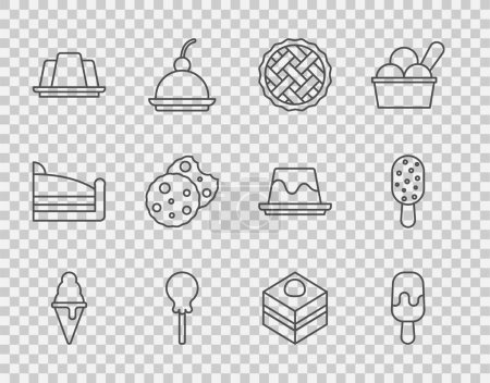 Téléchargez les illustrations : Set line Crème glacée au cône de gaufre, tarte maison, sucette, gâteau au gelée, biscuit ou biscuit, chocolat Brownie et icône. Vecteur - en licence libre de droit