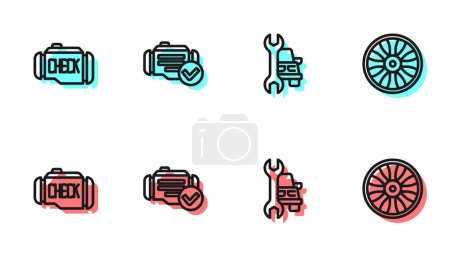 Illustration for Set line Car service, Check engine,  and Alloy wheel for car icon. Vector - Royalty Free Image