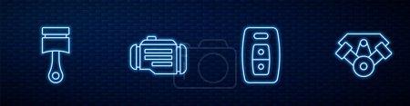 Illustration for Set line Car key with remote, Engine piston, Check engine and Power car. Glowing neon icon on brick wall. Vector - Royalty Free Image