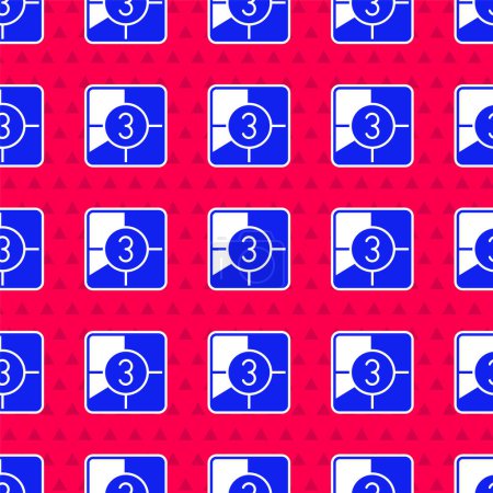 Illustration for Blue Old film movie countdown frame icon isolated seamless pattern on red background. Vintage retro cinema timer count.  Vector. - Royalty Free Image