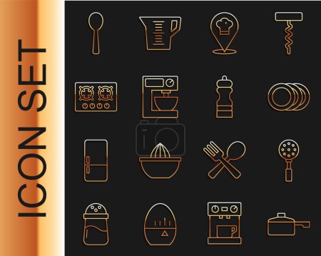Illustration for Set line Frying pan, Spatula, Plate, Chef hat with location, Electric mixer, Gas stove, Spoon and Pepper icon. Vector - Royalty Free Image