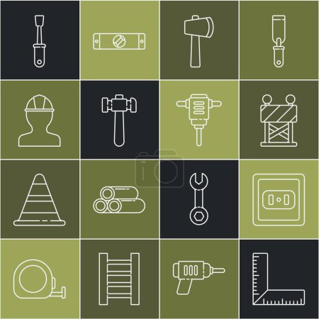 Set line Corner ruler, Electrical outlet, Road barrier, Wooden axe, Hammer, Worker safety helmet, Screwdriver and rotary hammer drill icon. Vector