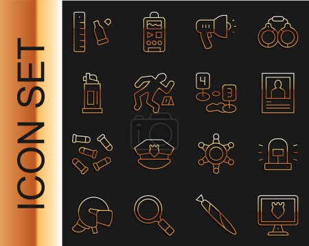 Illustration for Set line Police database, Flasher siren, Wanted poster, megaphone, Crime scene, Pepper spray, Bullet casing with ruler and Marker of crime icon. Vector - Royalty Free Image