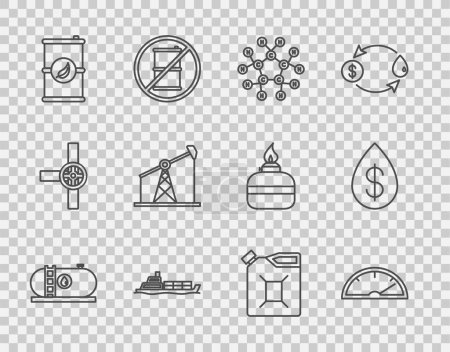 Illustration for Set line Oil industrial factory building, Speedometer, Molecule oil, tanker ship, Bio fuel barrel, pump pump jack, Canister for gasoline and drop with dollar icon. Vector - Royalty Free Image